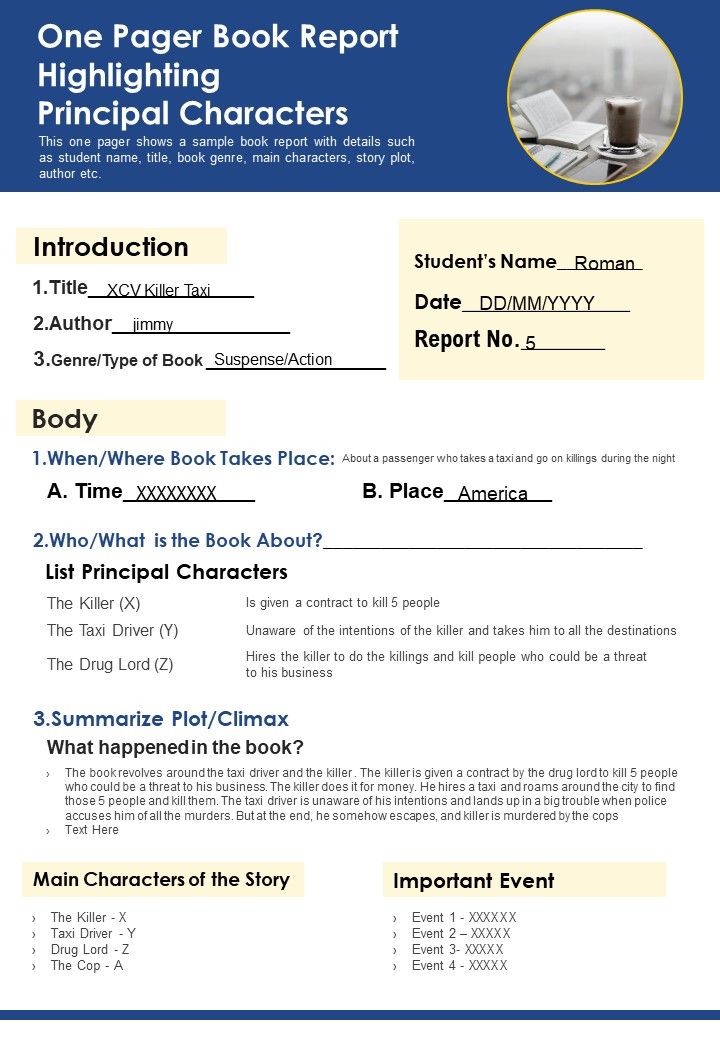 One Pager Book Report Highlighting Principal Characters PDF Document PPT Template Slide01