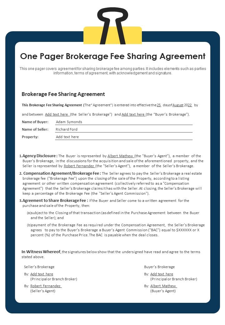 One Pager Brokerage Fee Sharing Agreement PDF Document PPT Template Slide01