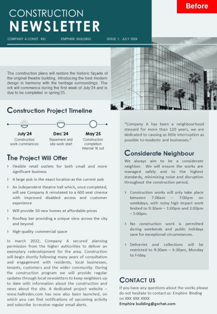One Pager Building Construction Plan Comprehensive Newsletter PDF Document PPT Template