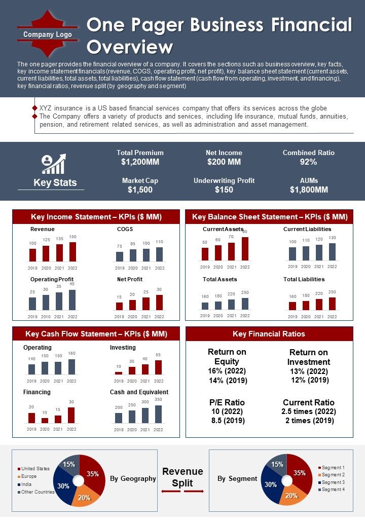 One Pager Business Financial Overview PDF Document PPT Template Slide01