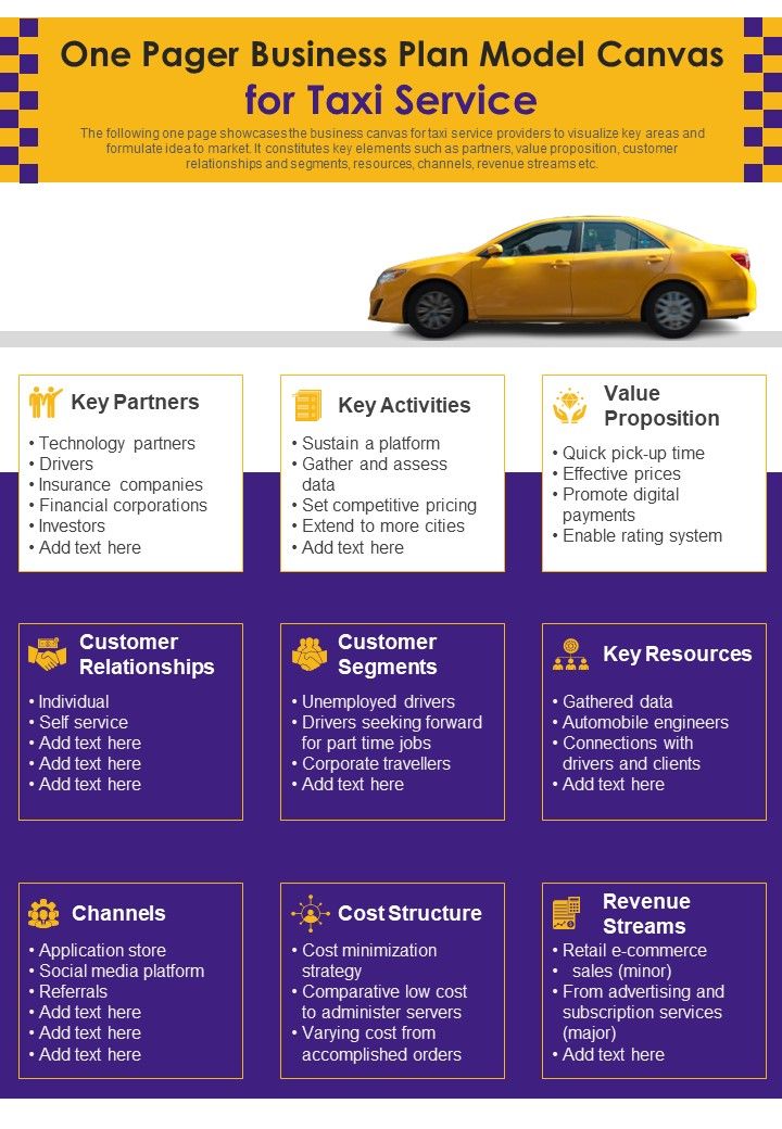 One Pager Business Plan Model Canvas For Taxi Service PDF Document PPT Template Slide01