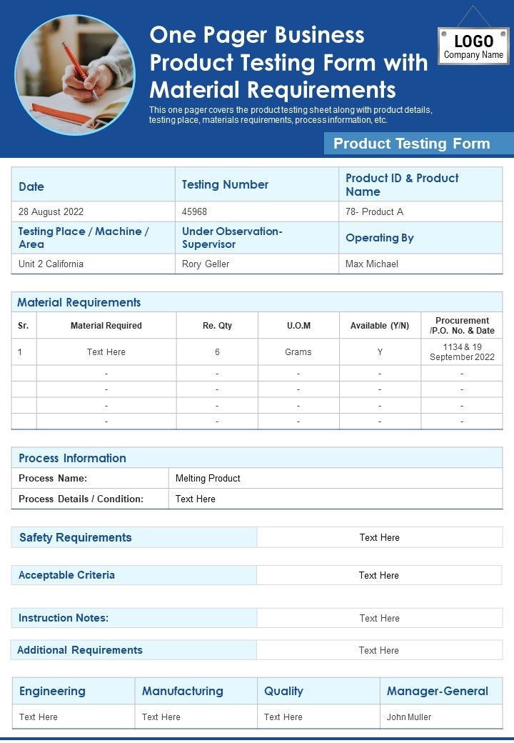 One Pager Business Product Testing Form With Material Requirements PDF Document PPT Template Slide01