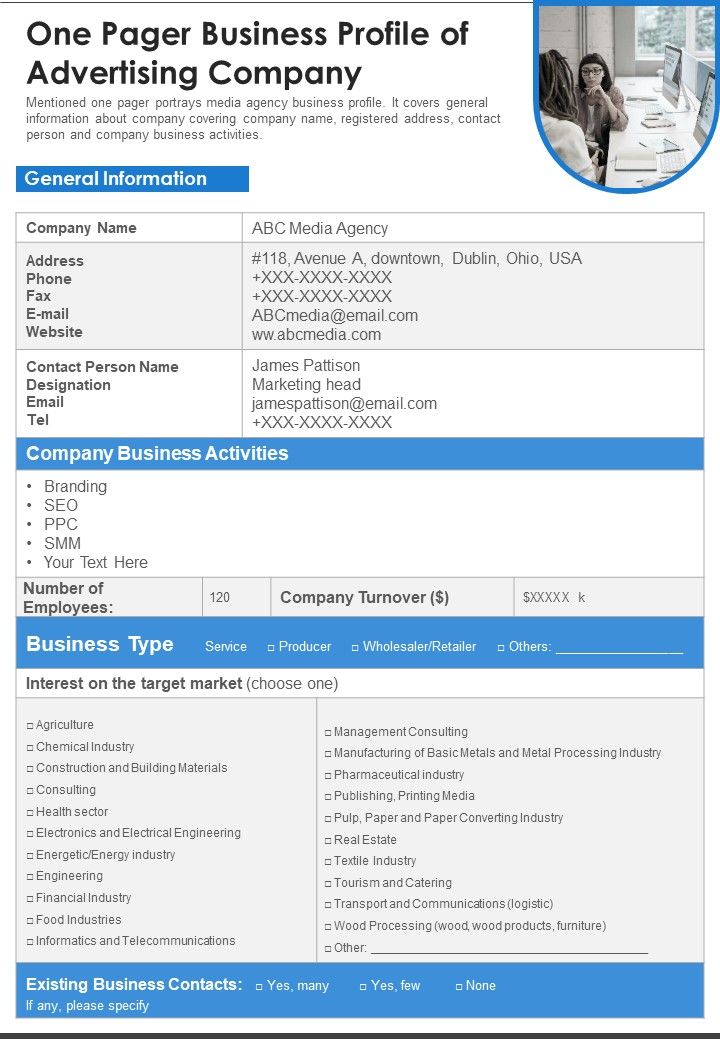 One Pager Business Profile Of Advertising Company PDF Document PPT Template Slide01