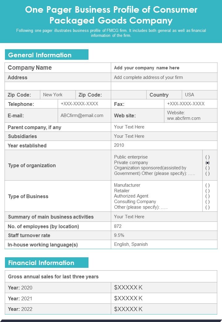 One Pager Business Profile Of Consumer Packaged Goods Company PDF Document PPT Template Slide01