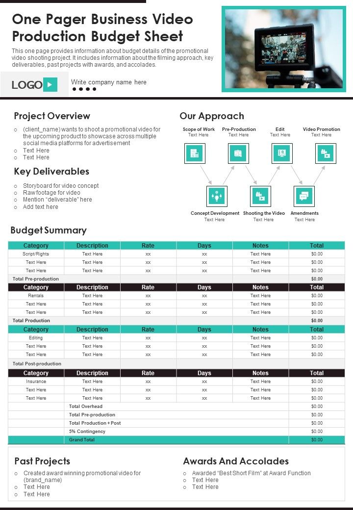 One Pager Business Video Production Budget Sheet PDF Document PPT Template Slide01