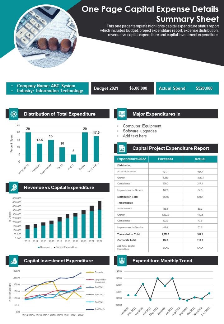 One Pager Capital Expenses Status Summary PDF Document PPT Template Slide01