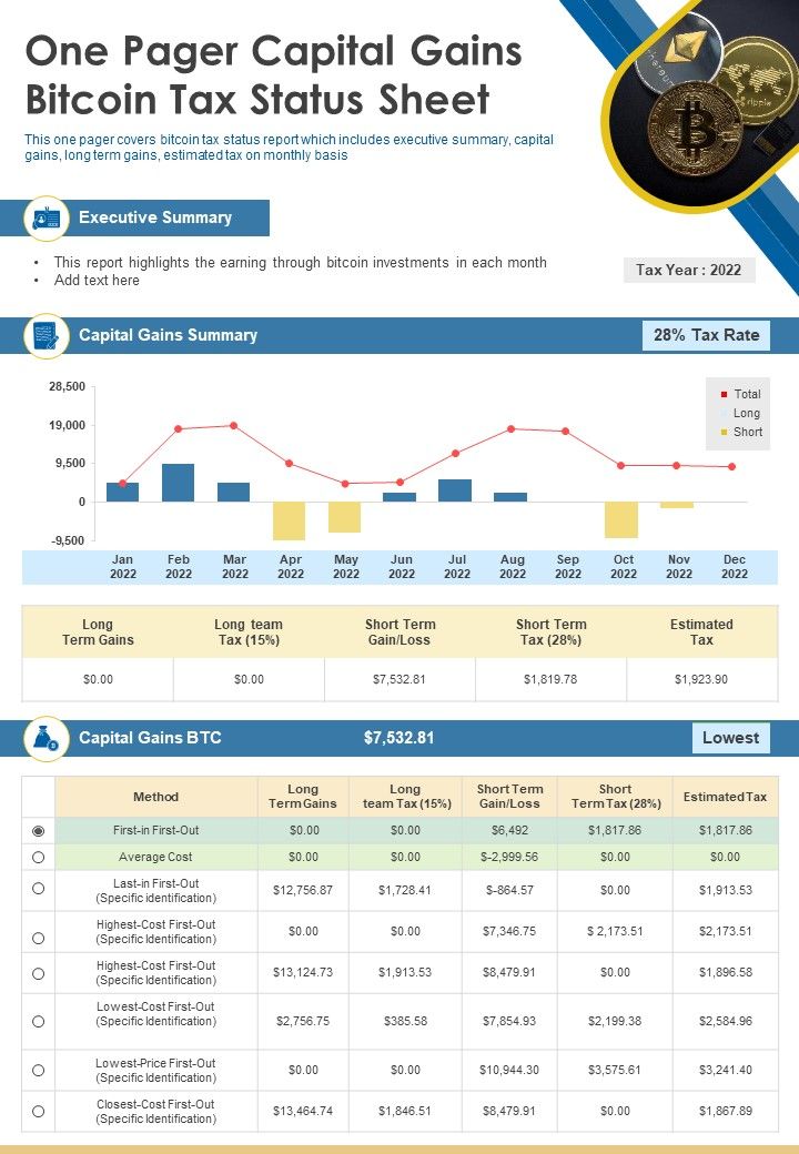 One Pager Capital Gains Bitcoin Tax Status Sheet PDF Document PPT Template Slide01