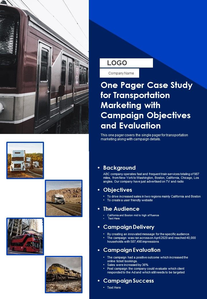 One Pager Case Study For Transportation Marketing With Campaign Objectives And Evaluation PDF Document PPT Template Slide01