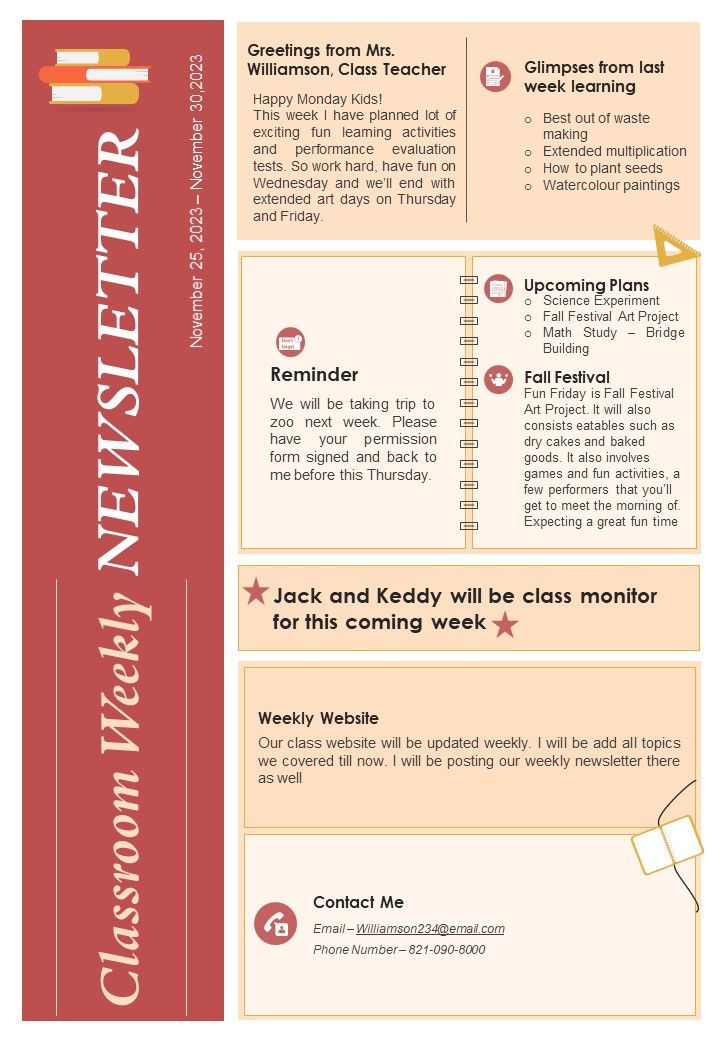 One Pager Class Teacher Weekly Updates Newsletter PDF Document PPT Template Slide01