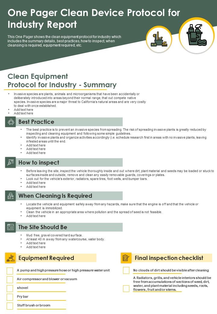 One Pager Clean Device Protocol For Industry Report PDF Document PPT Template Slide01