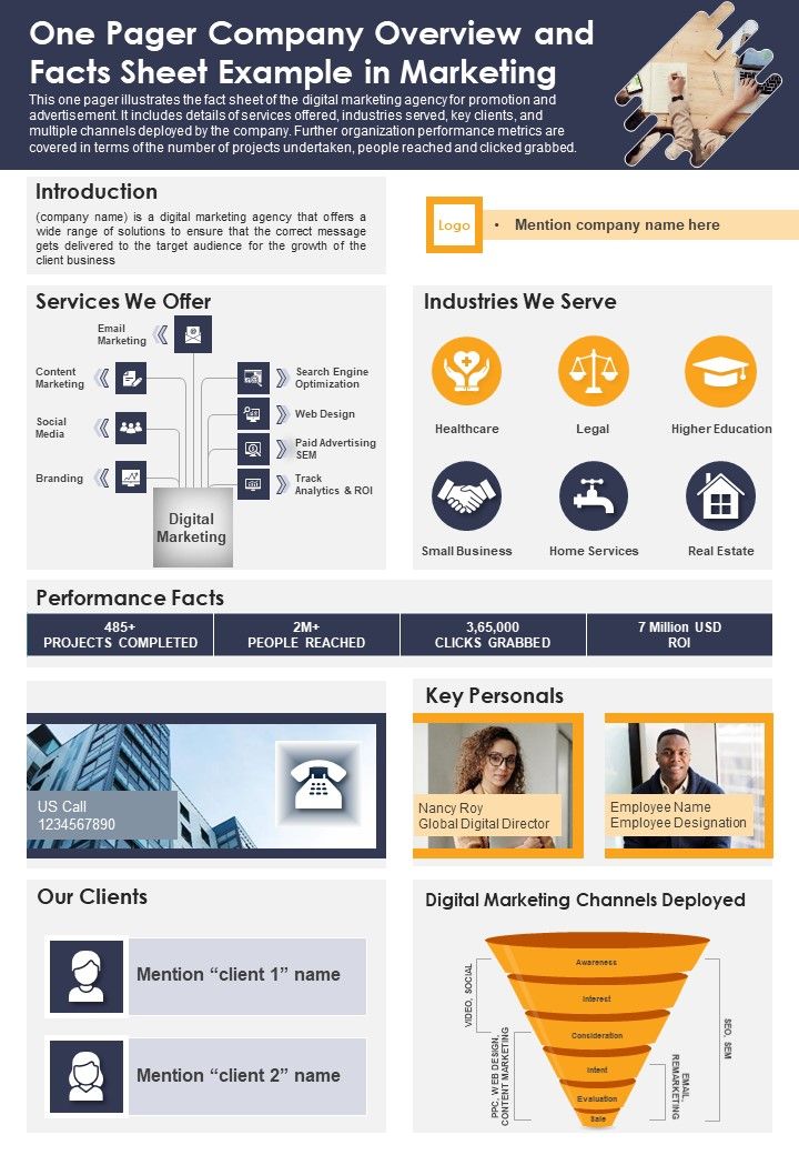 One Pager Company Overview And Facts Sheet Example In Marketing PDF Document PPT Template Slide01
