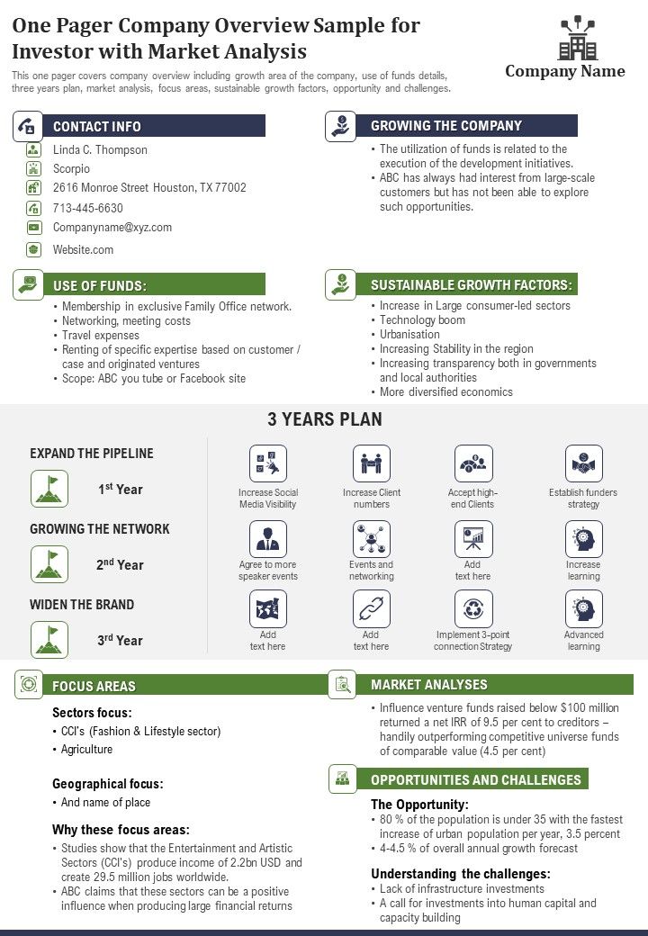 One Pager Company Overview Sample For Investor With Market Analysis PDF Document PPT Template Slide01