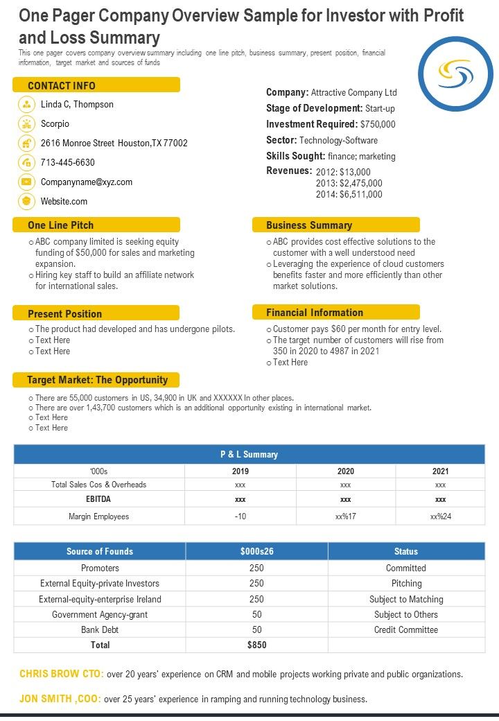 One Pager Company Overview Sample For Investor With Profit And Loss Summary PDF Document PPT Template Slide01