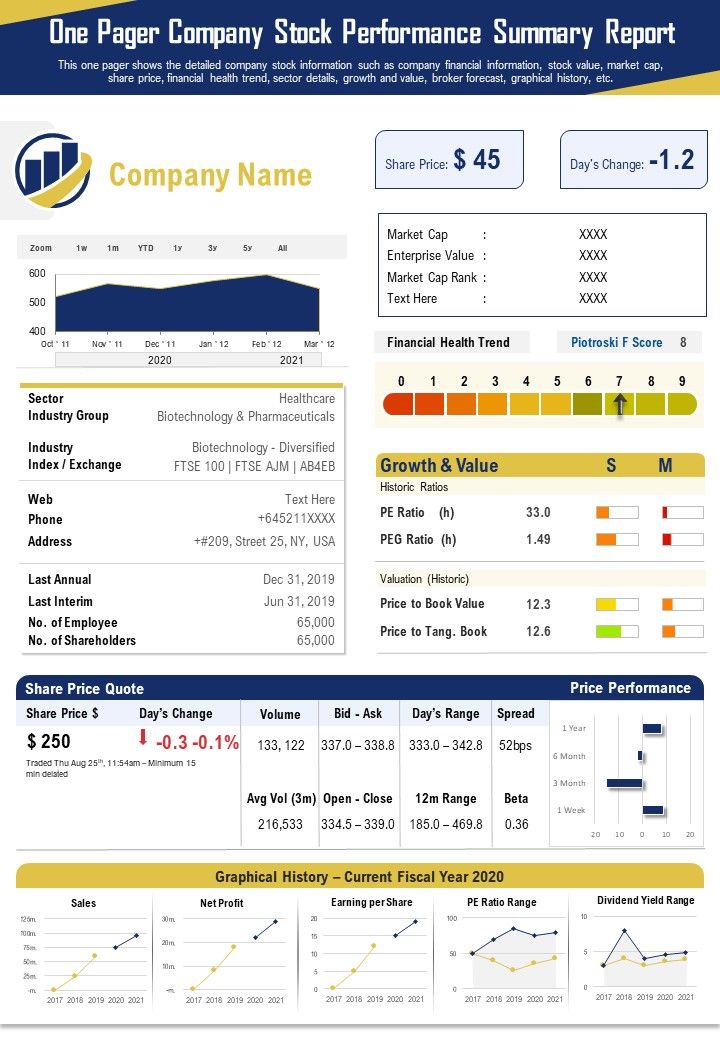 One Pager Company Stock Performance Summary Report PDF Document PPT Template Slide01