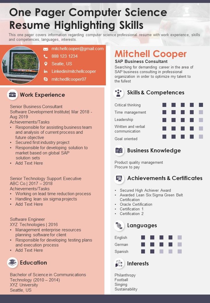 One Pager Computer Science Resume Highlighting Skills PDF Document PPT Template Slide01
