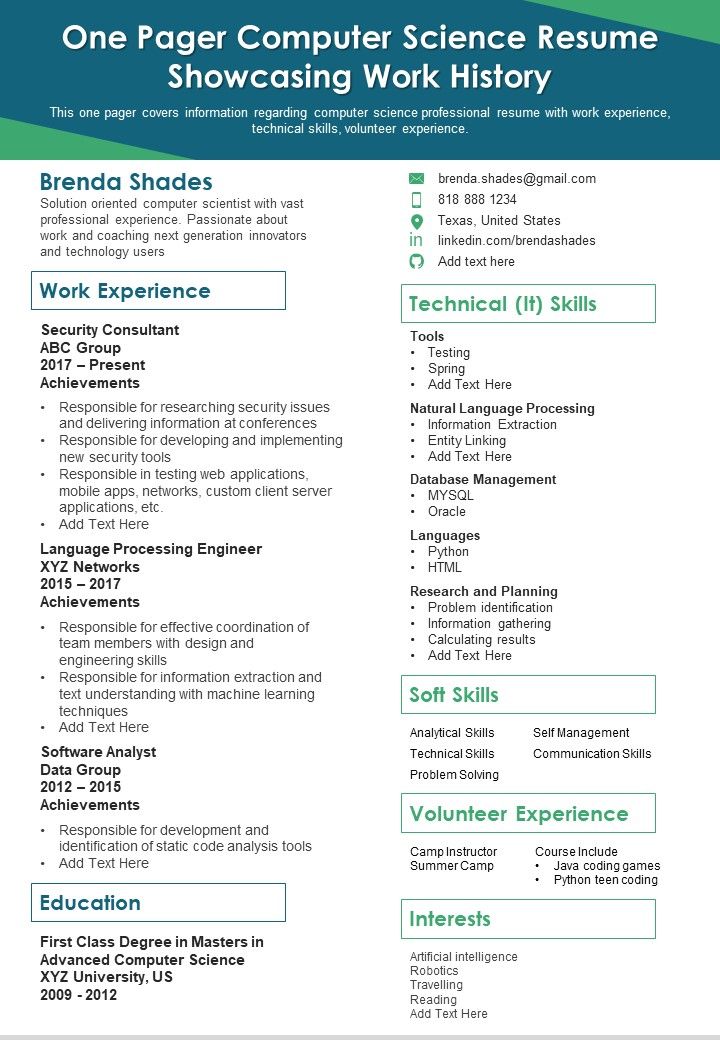 One Pager Computer Science Resume Showcasing Work History PDF Document PPT Template Slide01