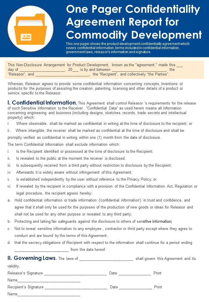 One Pager Confidentiality Agreement Report For Commodity Development PDF Document PPT Template Slide01