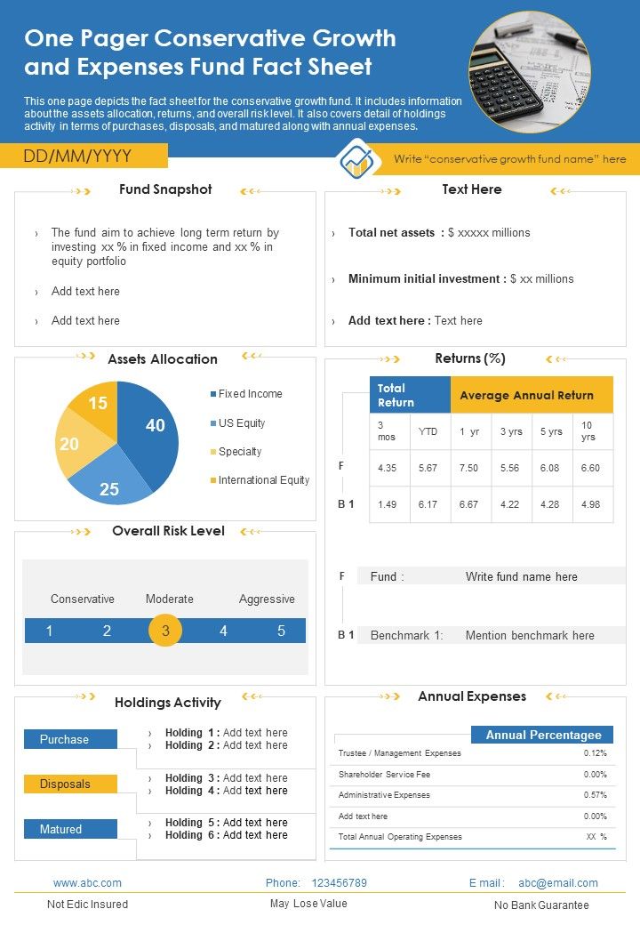 One Pager Conservative Growth And Expenses Fund Fact Sheet PDF Document PPT Template Slide01