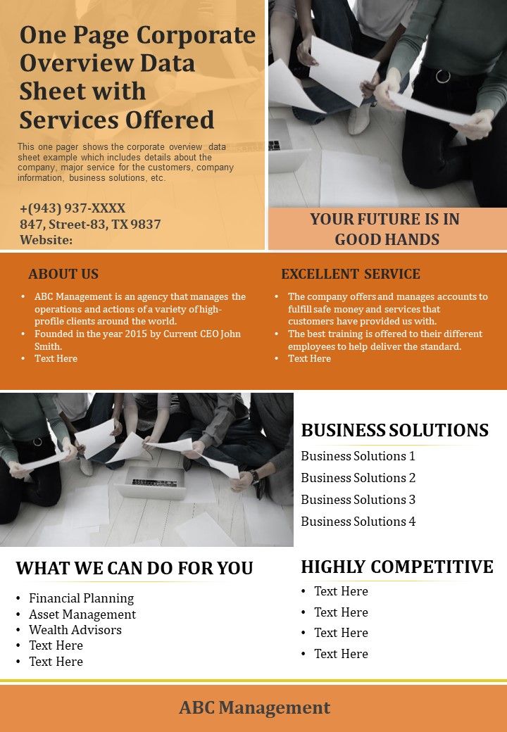 One Pager Corporate Overview Data Sheet With Service Offered PDF Document PPT Template Slide01