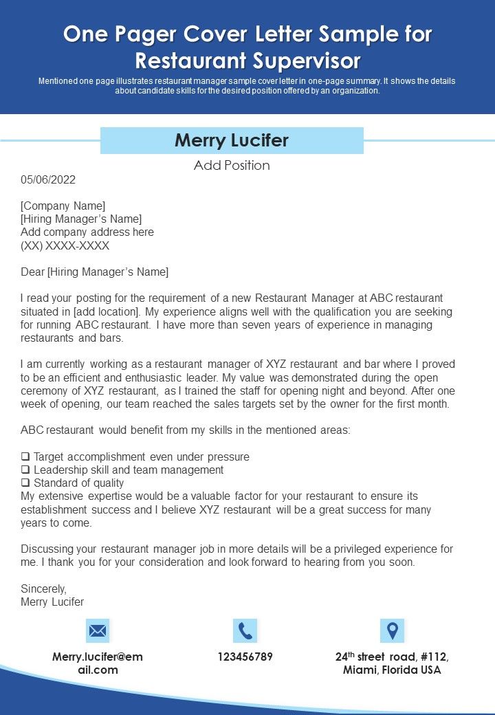 One Pager Cover Letter Sample For Restaurant Supervisor PDF Document PPT Template Slide01