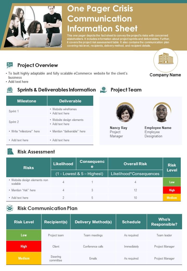 One Pager Crisis Communication Information Sheet PDF Document PPT Template Slide01