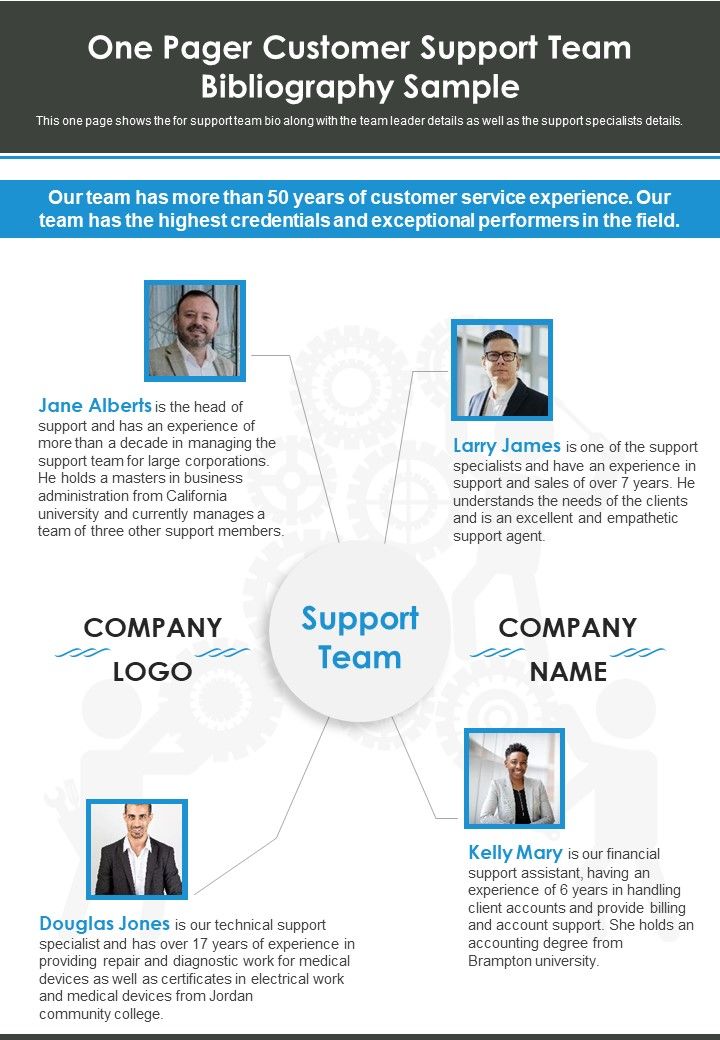 One Pager Customer Support Team Bibliography Sample PDF Document PPT Template Slide01