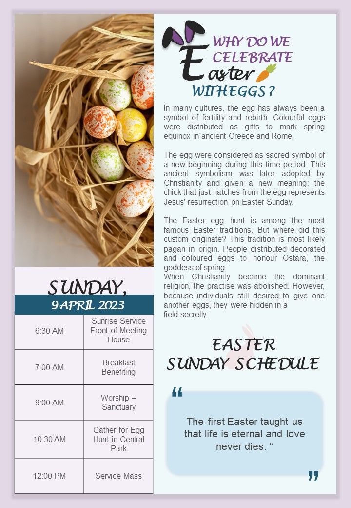 One Pager Easter Details Newsletter PDF Document PPT Template