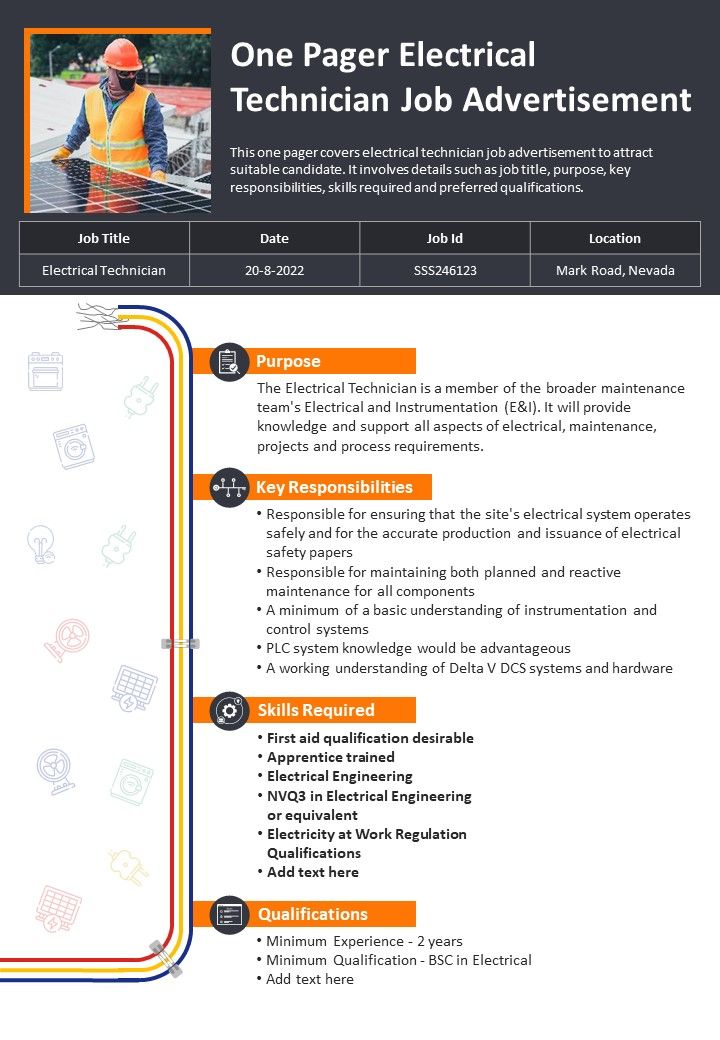 One Pager Electrical Technician Job Advertisement PDF Document PPT Template Slide01