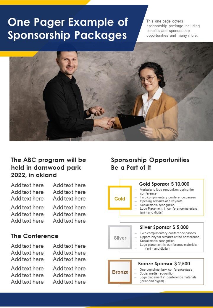 One Pager Example Of Sponsorship Packages PDF Document PPT Template Slide01