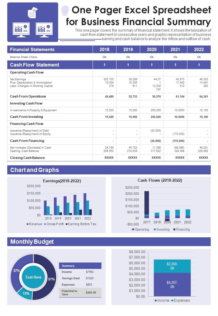One Pager Excel Spreadsheet For Business Financial Summary PDF Document PPT Template Slide01