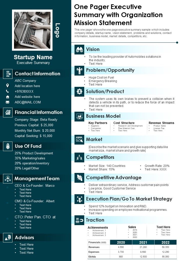 One Pager Executive Summary With Organization Mission Statement PDF Document PPT Template Slide01