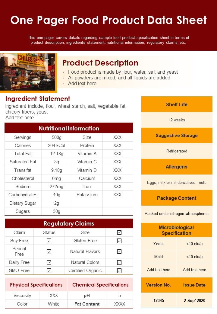 One Pager Food Product Data Sheet PDF Document PPT Template Slide01