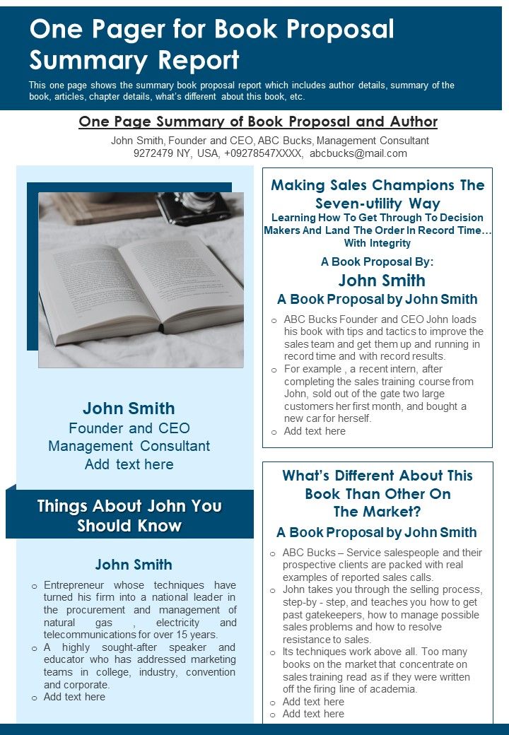 One Pager For Book Proposal Summary Report PDF Document PPT Template Slide01