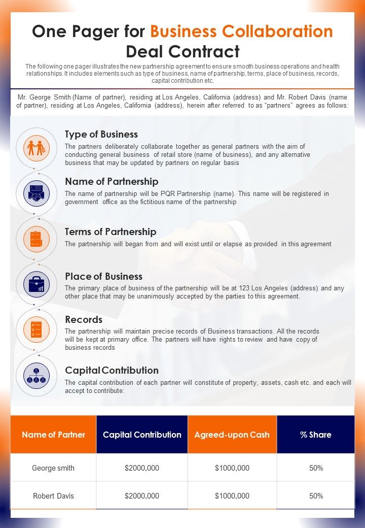 One Pager For Business Collaboration Deal Contract PDF Document PPT Template Slide01