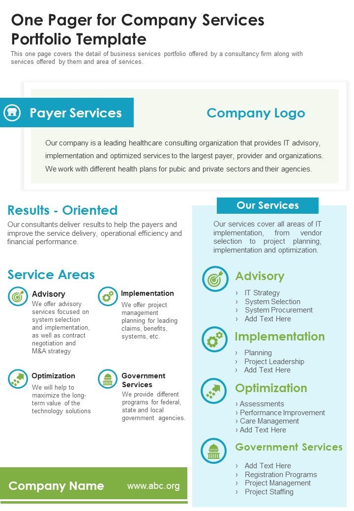 One Pager For Company Services Portfolio Template PDF Document PPT Template Slide01