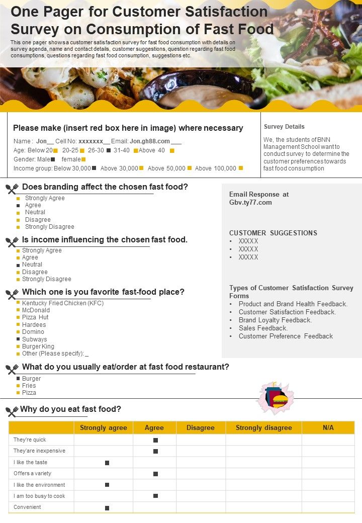 One Pager For Customer Satisfaction Survey On Consuption Of Fast Food PDF Document PPT Template Slide01