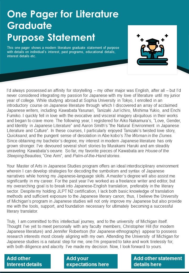 One Pager For Literature Graduate Purpose Statement PDF Document PPT Template Slide01