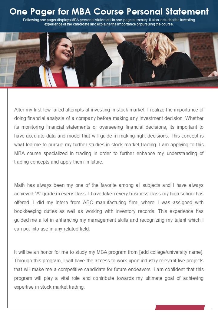 One Pager For MBA Course Personal Statement PDF Document PPT Template Slide01