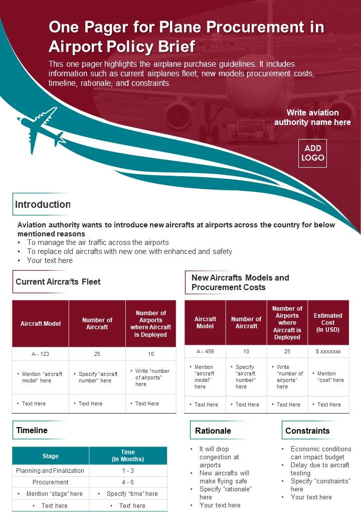 One Pager For Plane Procurement In Airport Policy Brief PDF Document PPT Template Slide01