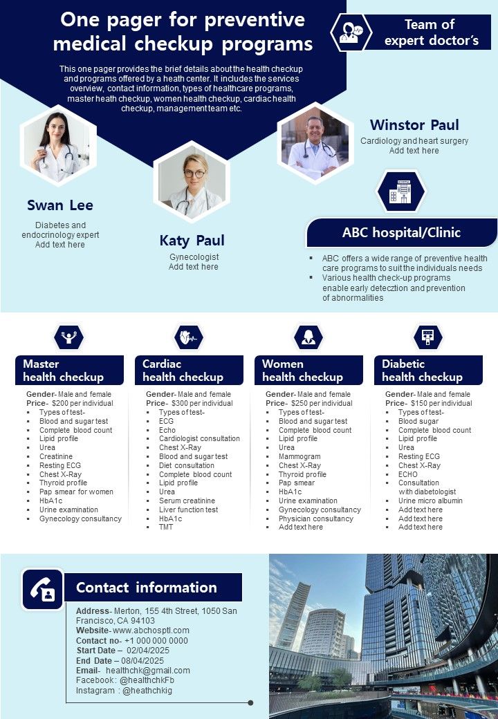 One Pager For Preventive Medical Checkup Programs PDF Document PPT Template Slide01