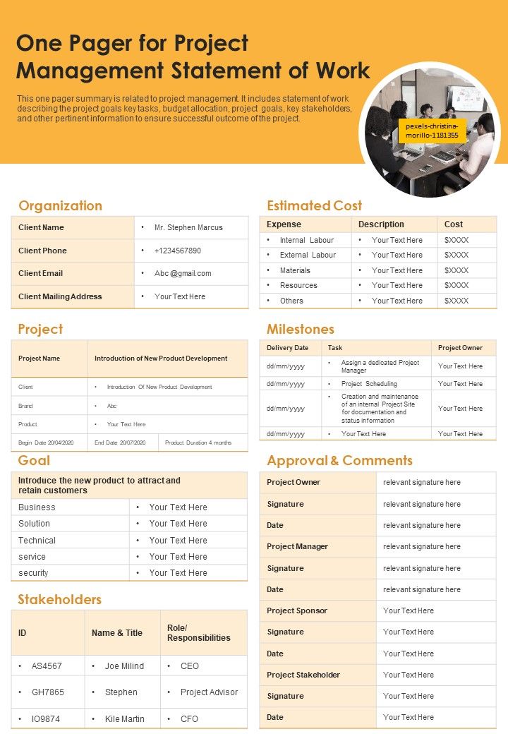 One Pager For Project Management Statement Of Work PDF Document PPT Template Slide01