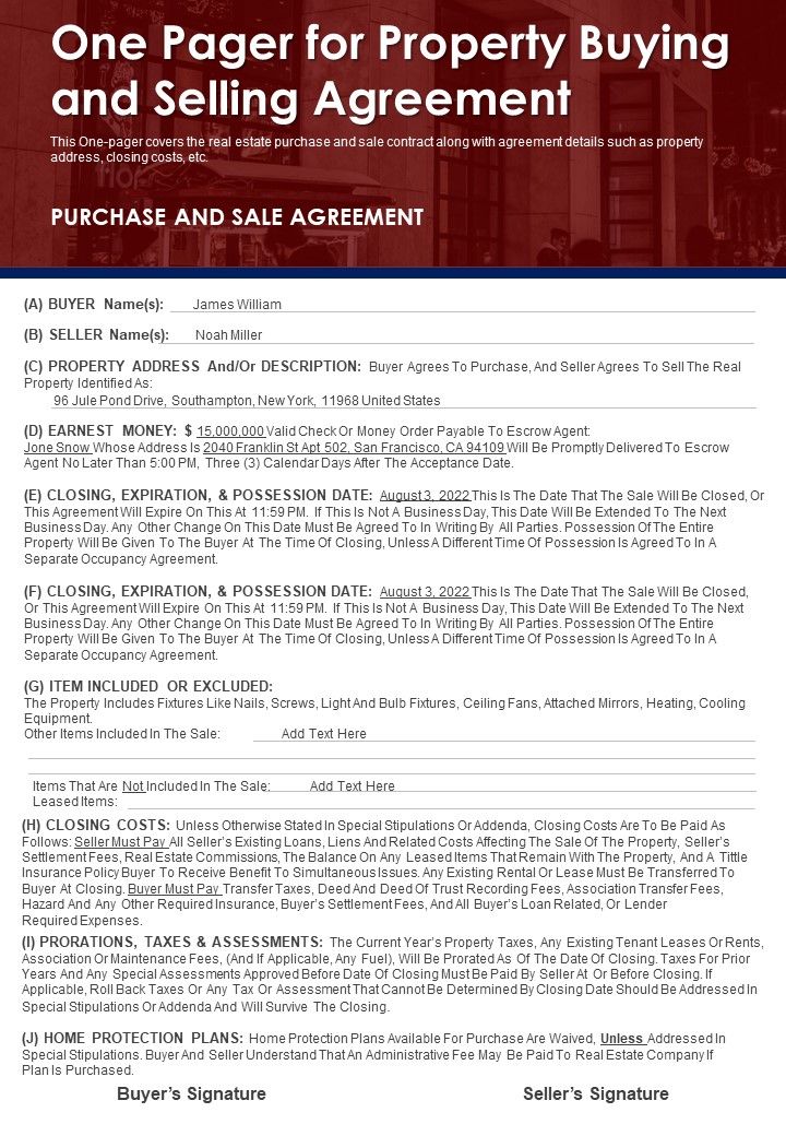 One Pager For Property Buying And Selling Agreement PDF Document PPT Template Slide01