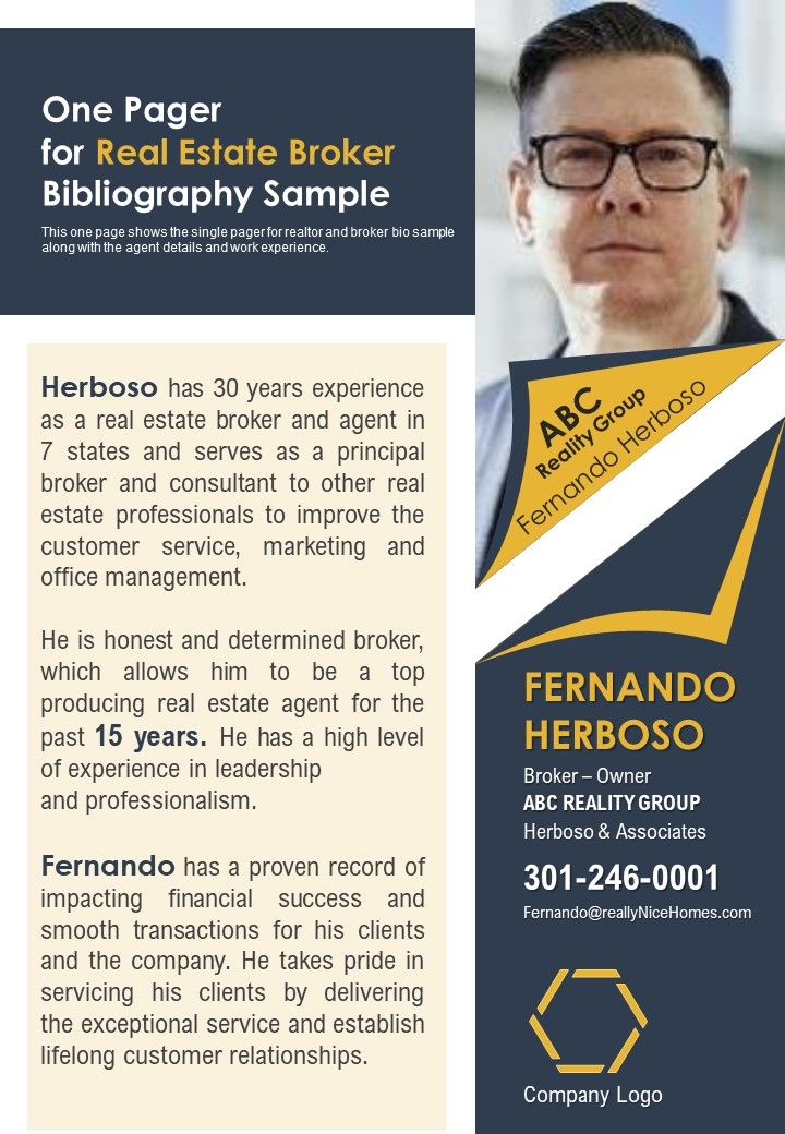 One Pager For Real Estate Broker Bibliography Sample PDF Document PPT Template Slide01