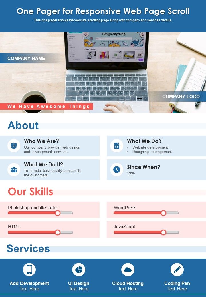 One Pager For Responsive Web Page Scroll PDF Document PPT Template Slide01