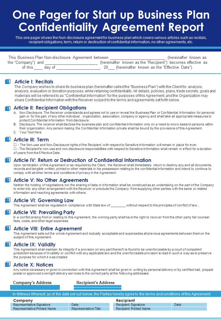 One Pager For Start Up Business Plan Confidentiality Agreement Report PDF Document PPT Template Slide01