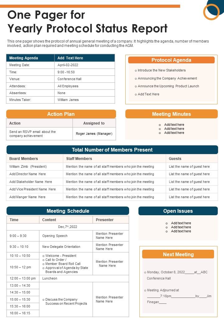One Pager For Yearly Protocol Status Report PDF Document PPT Template Slide01
