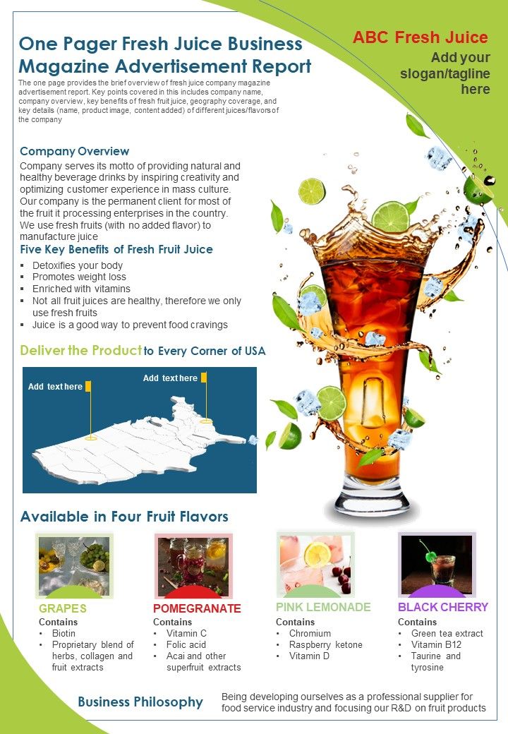 One Pager Fresh Juice Business Magazine Advertisement Report PDF Document PPT Template Slide01