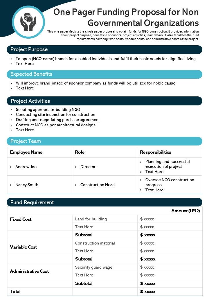 One Pager Funding Proposal For Non Governmental Organizations PDF Document PPT Template Slide01