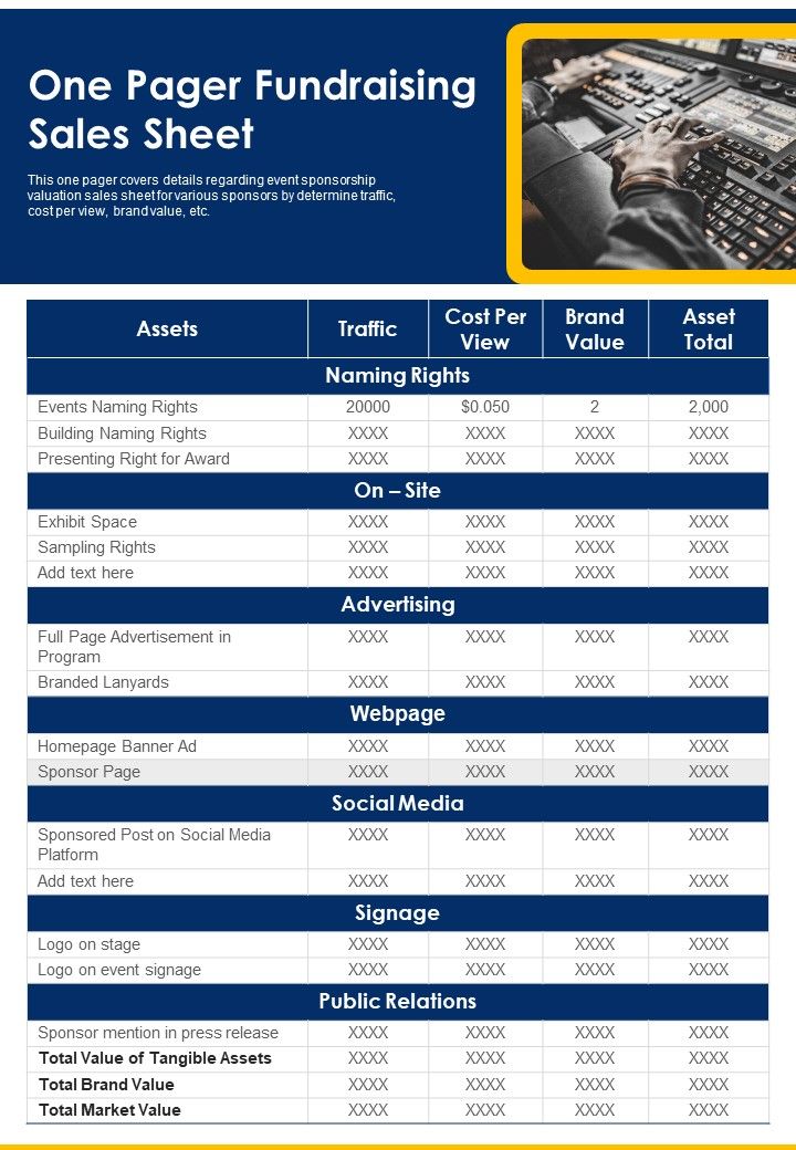 One Pager Fundraising Sales Sheet PDF Document PPT Template Slide01