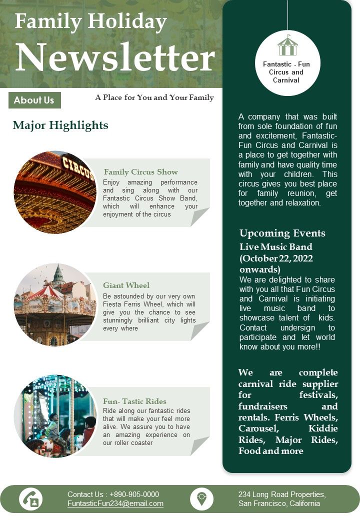 One Pager Funfair Family Break Newsletter PDF Document PPT Template Slide01